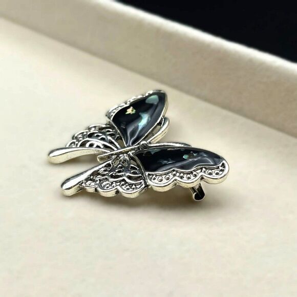 Silver with Embedded Shell and Black Enamel Butterfly Pin Back Brooch - Picture 6 of 7